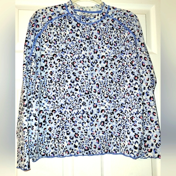 Coolibar Other - Coolibar Sea Island Ruffle Rash Guard Shirt Girls Youth Size XLarge Blue Leopard